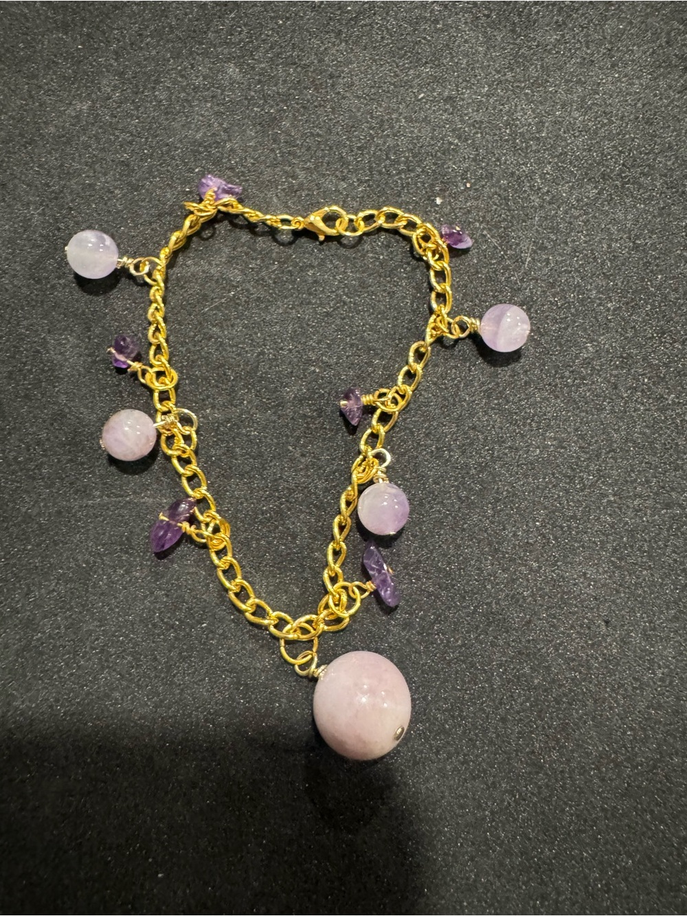 Handmade Gold Chain Bracelet with kunzite and amethyst Gemstone Charms
